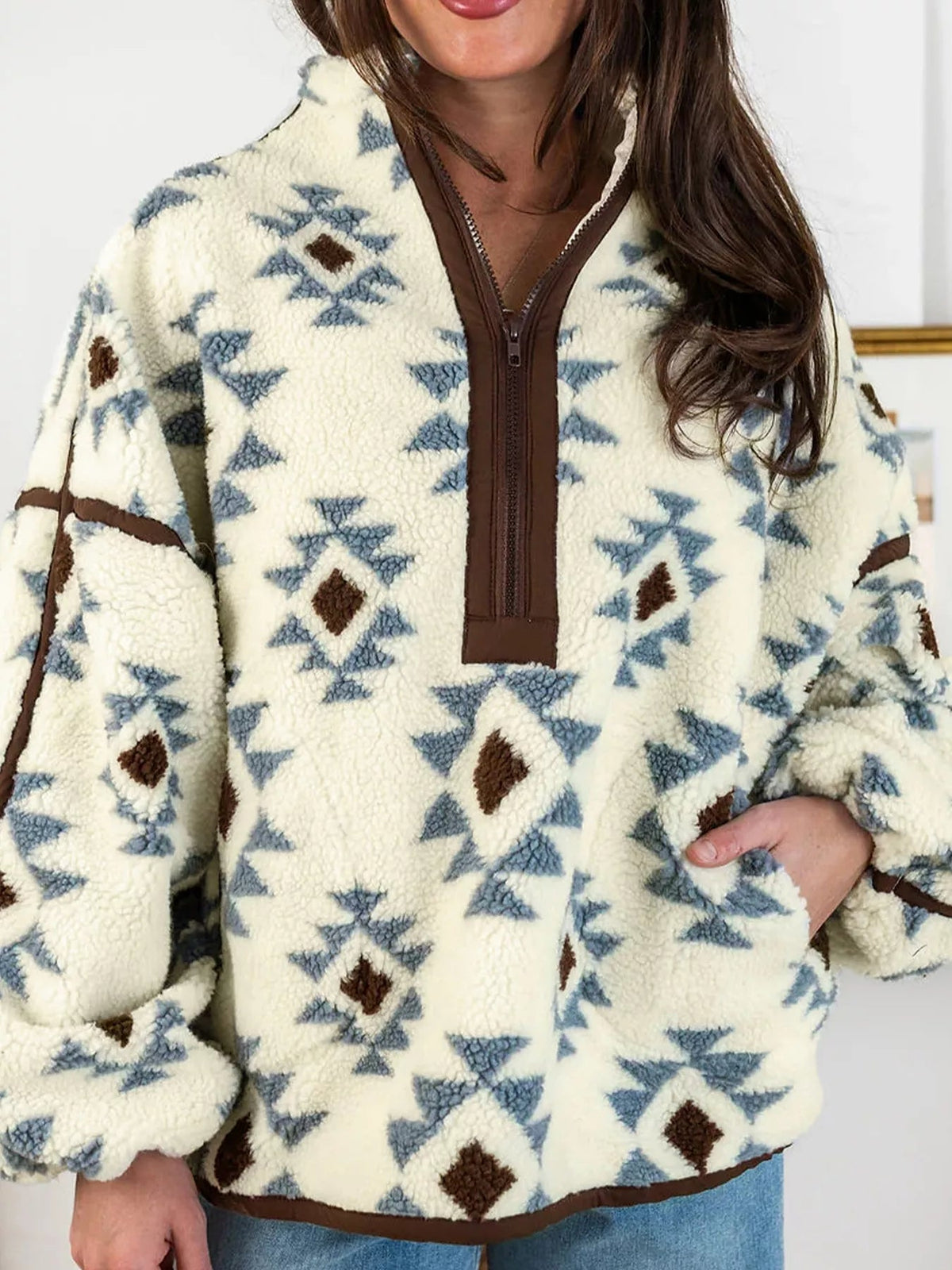 Geometric Print Sherpa Western Style Long Sleeve Sweatshirt Trendsi
