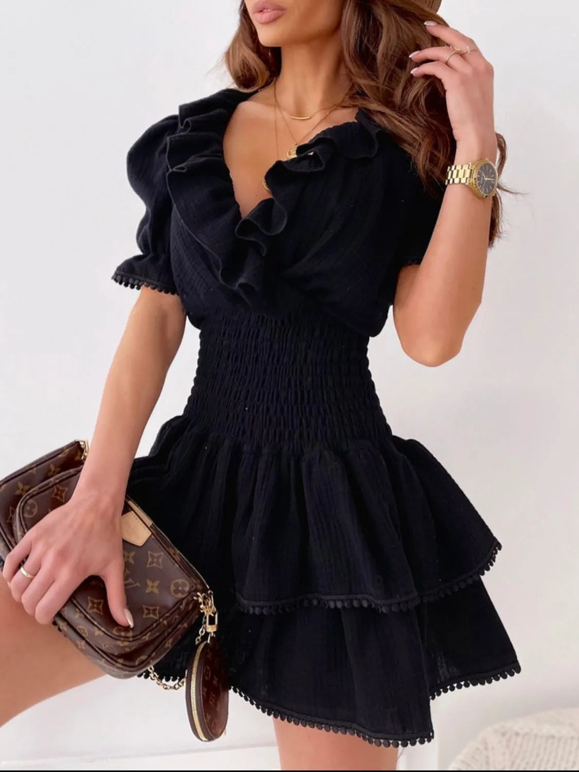 Ruffled Smocked Layered Mini Dress 