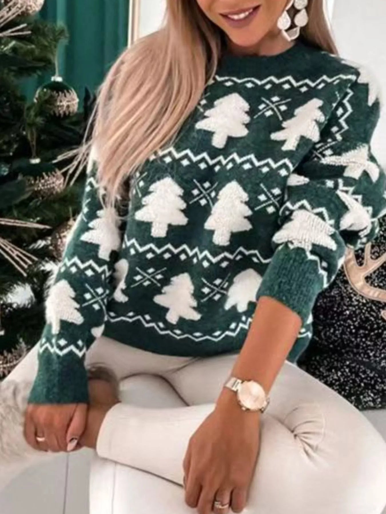 Christmas Tree Pattern Long Sleeve Sweater Trendsi