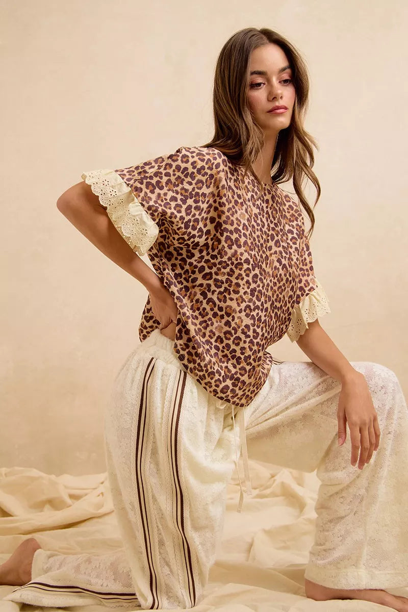 BiBi Leopard and Eyelet Lace Ruffled Top and Shorts Set Trendsi