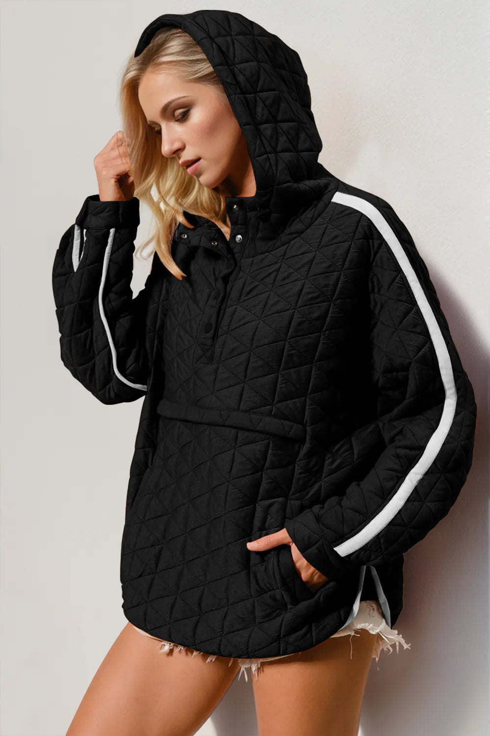 Double Take Contrast Trim Long Sleeve Half Snap Texture Hoodie with Pocket 