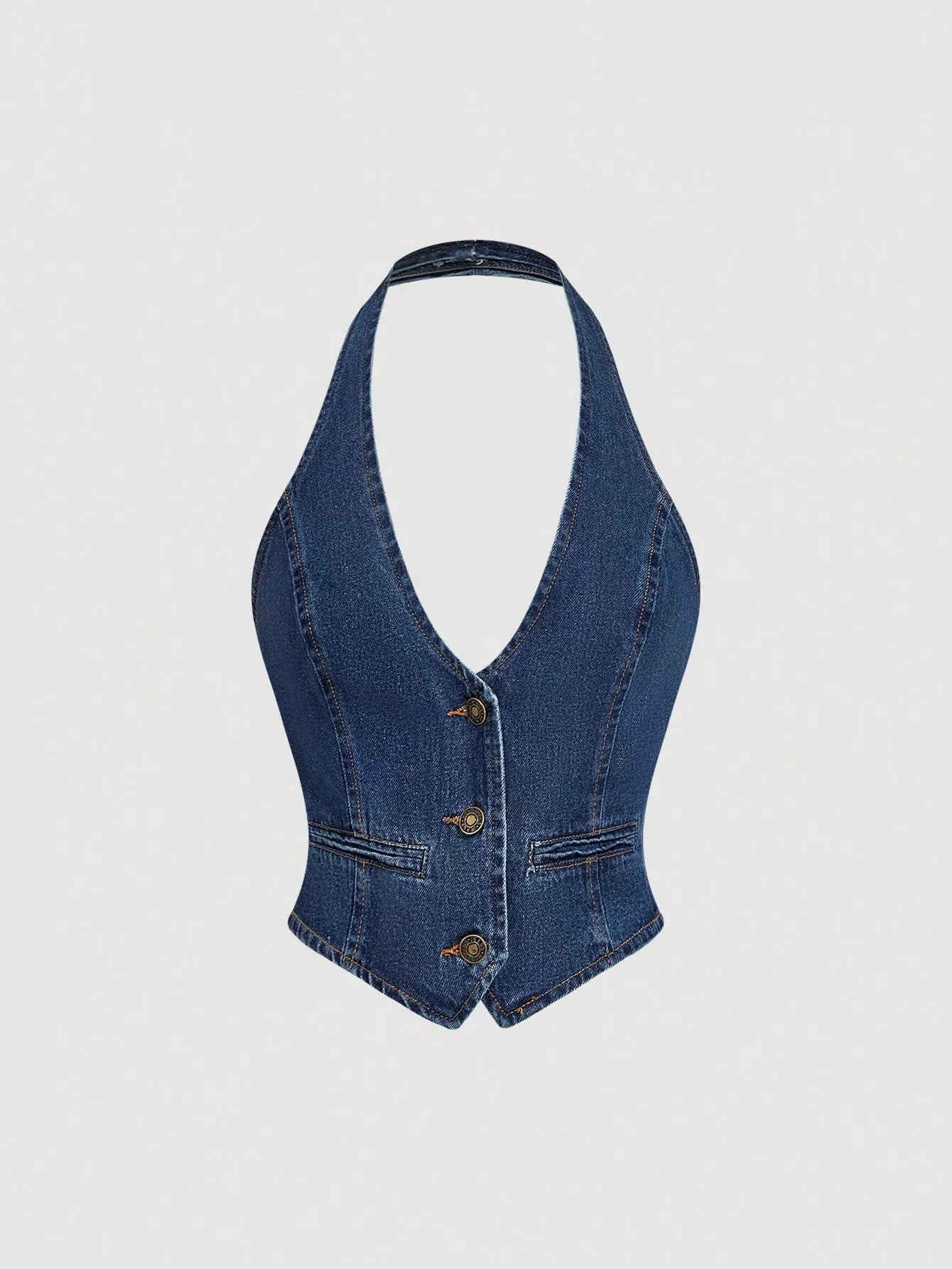 Halter Neck Denim Vest and Wide-Leg Jeans Set Trendsi