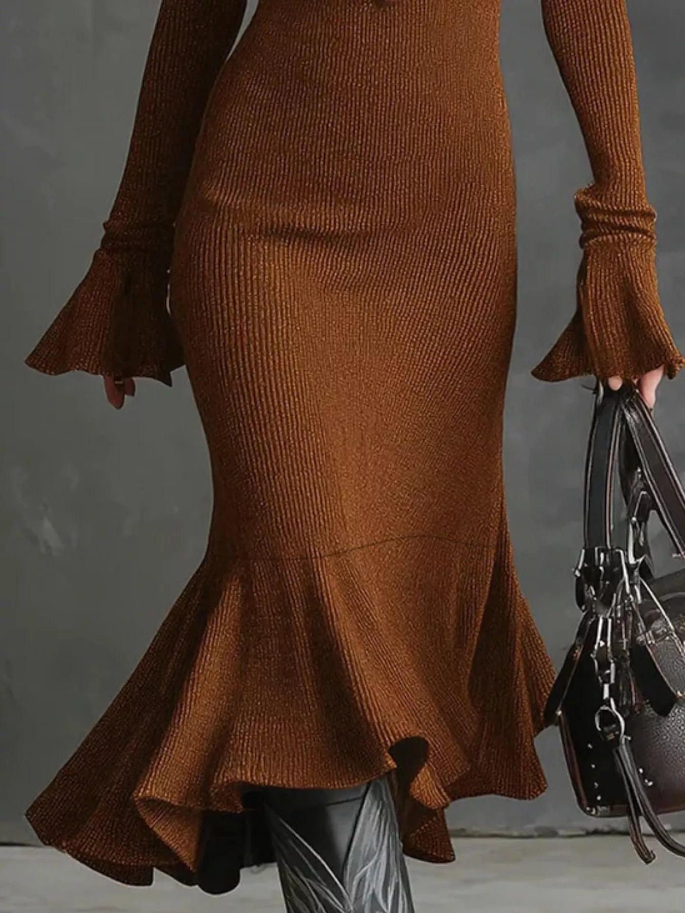 Ribbed Knit Zip Front Flare Hem Midi Dress 