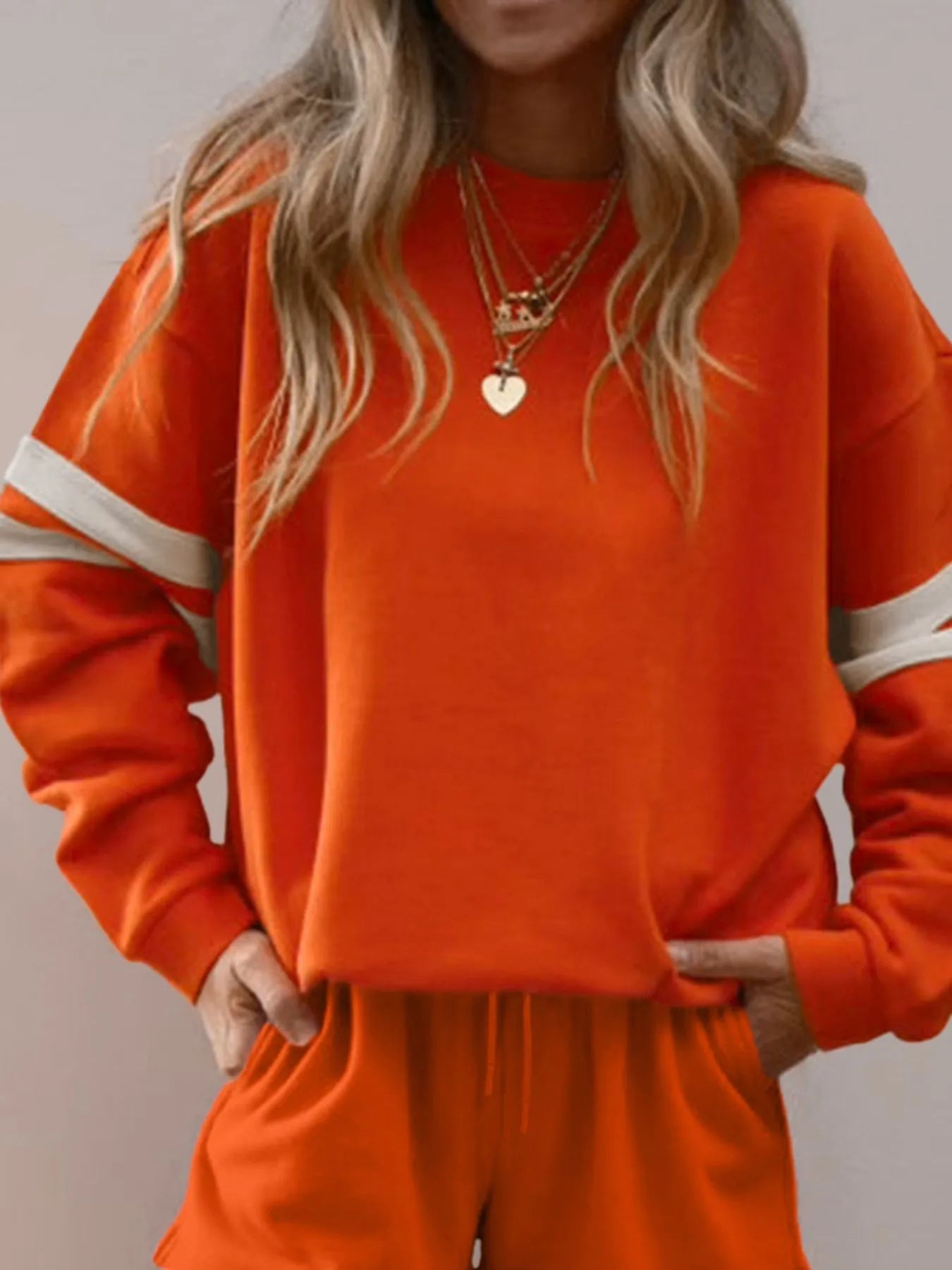 Stripe Round Neck Sweatshirt and Shorts Set Trendsi