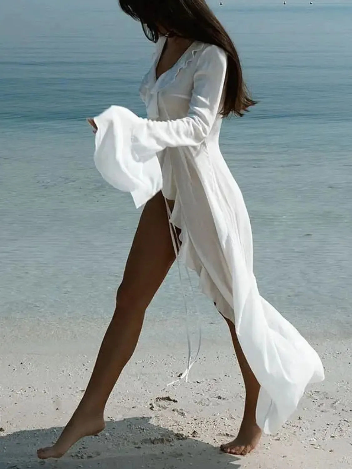 Ruffled Long Sleeve Cover-Up Dress Trendsi