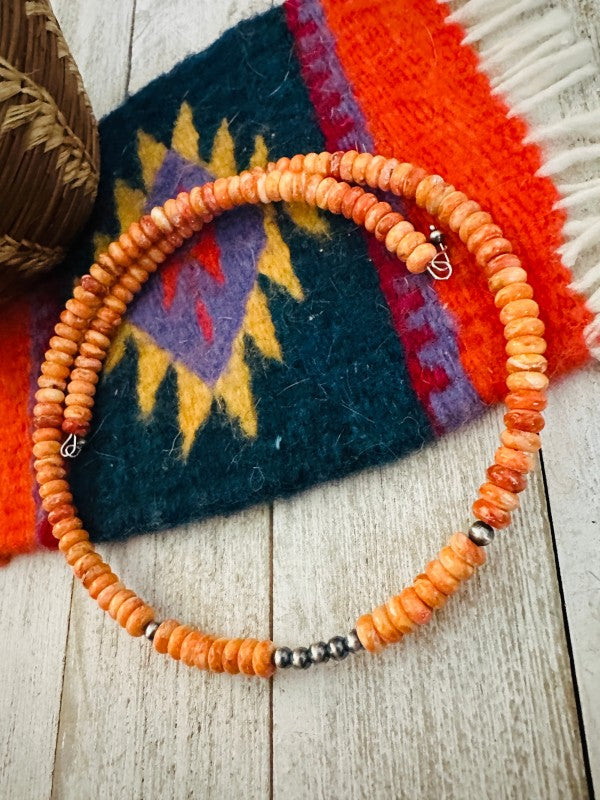Navajo Orange Spiny & Sterling Silver Beaded Wrap 