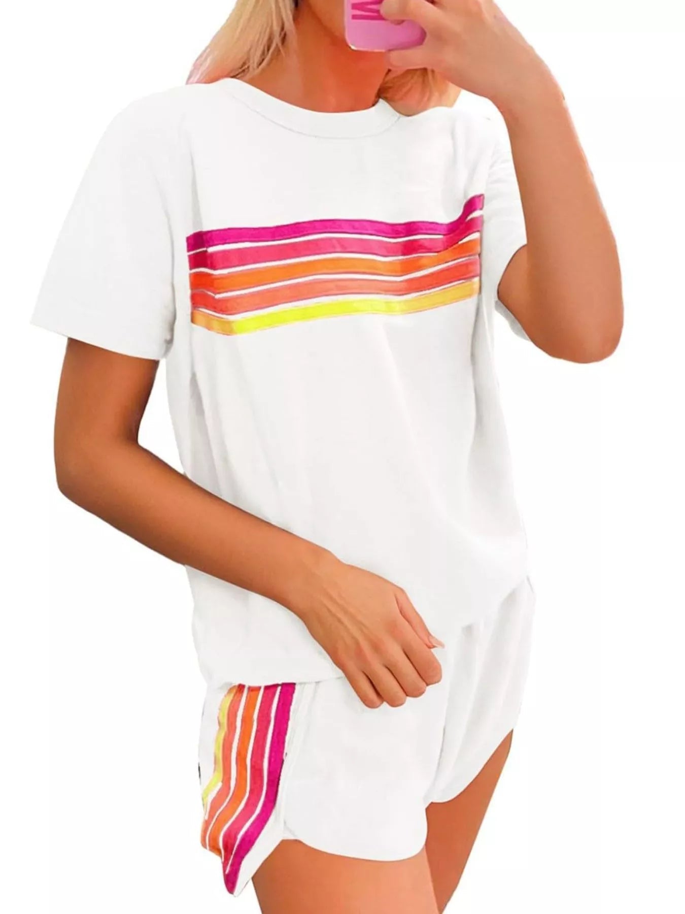 Rainbow Striped Round Neck Top and Shorts Set Trendsi