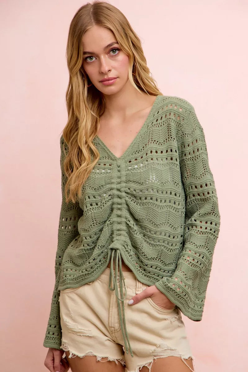 BiBi Pointelle Knit V Neck Ruched Front Lightweight Top Trendsi