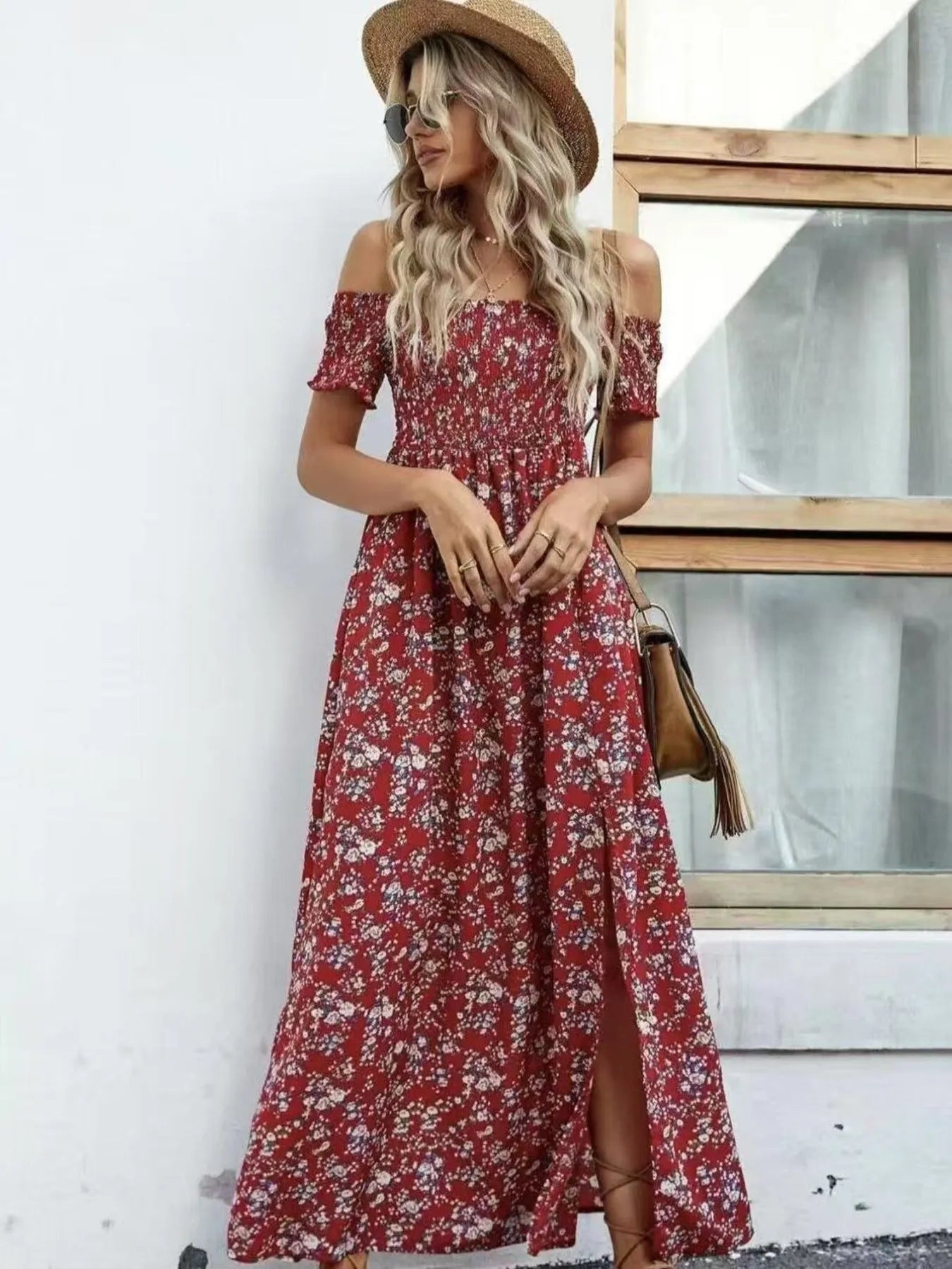 Full Size Slit Off-Shoulder Floral Midi Dress Plus Size Trendsi