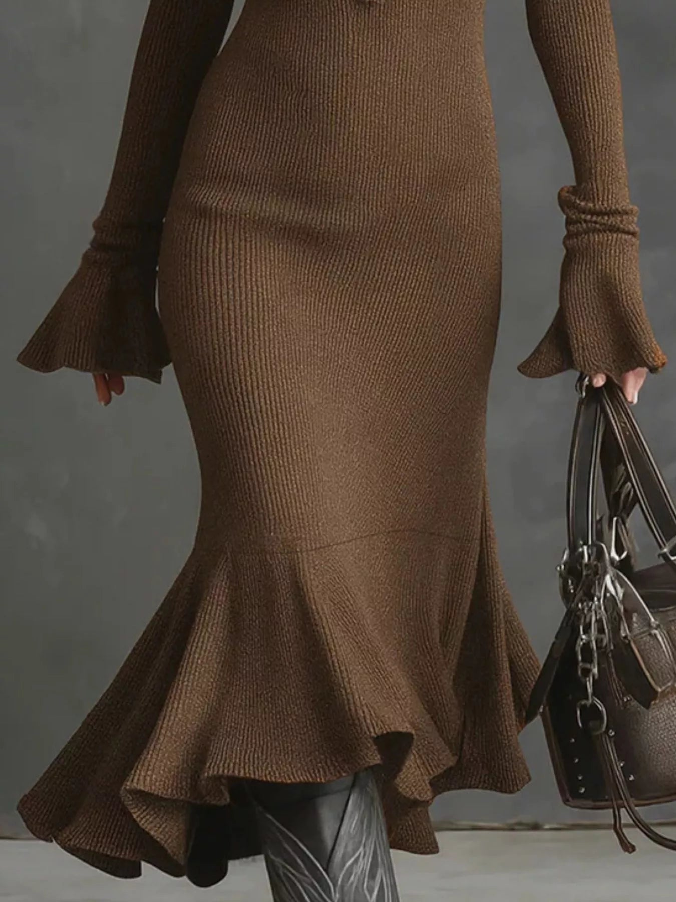 Ribbed Knit Zip Front Flare Hem Midi Dress 