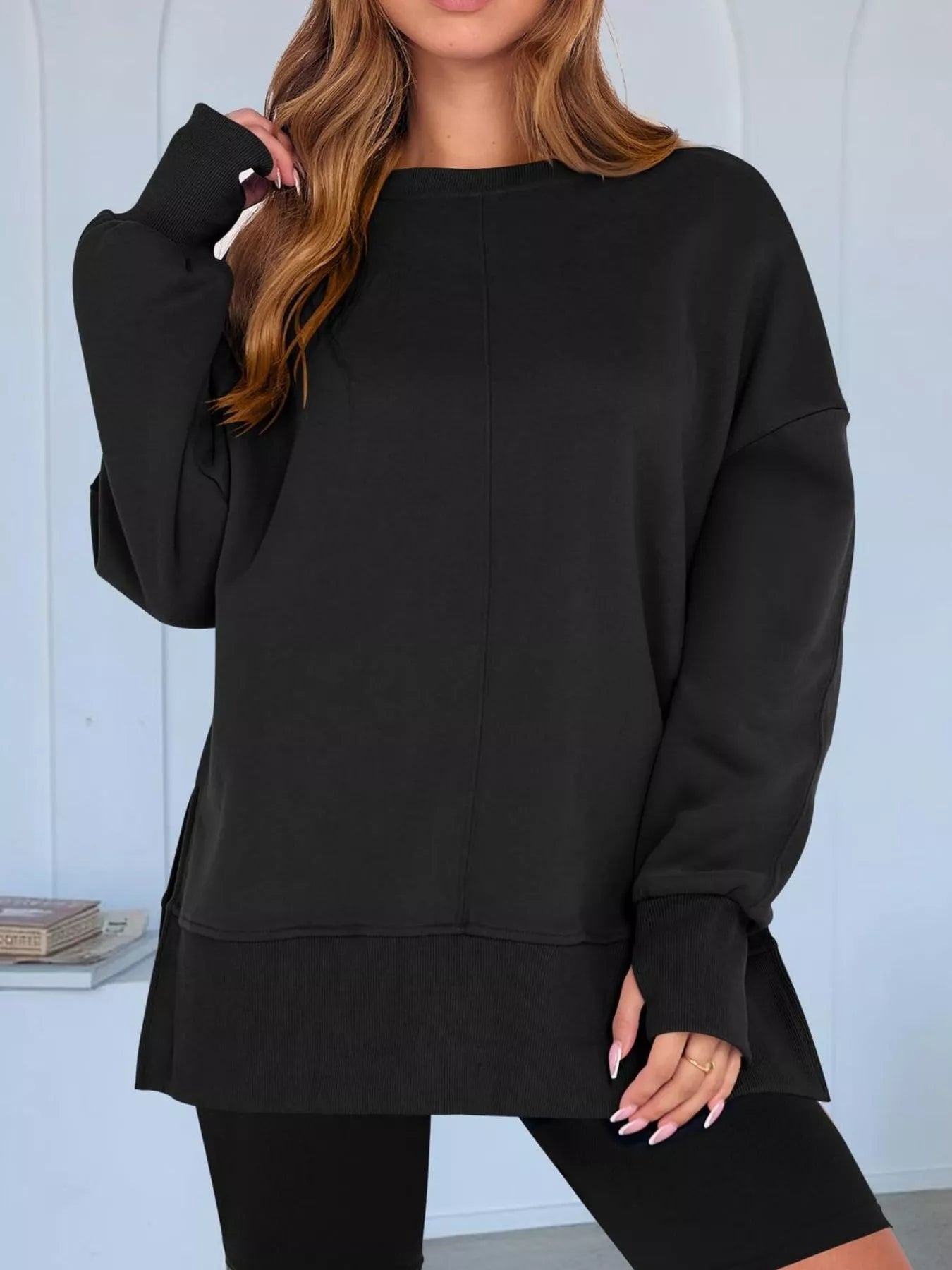 Side Slit Round Neck Long Sleeve Sweatshirt 