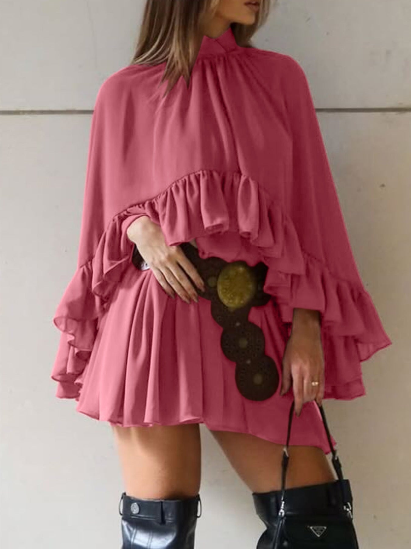 Ruffle Trim High Neck Mini Dress 
