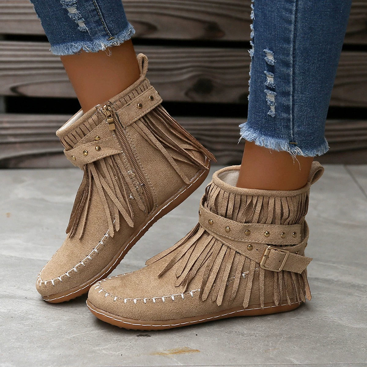 Fringe Studded Suede Flat Boots 