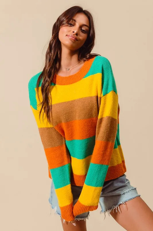 SO ME Multi Color Stripe Sweater with Ribbed Detail 