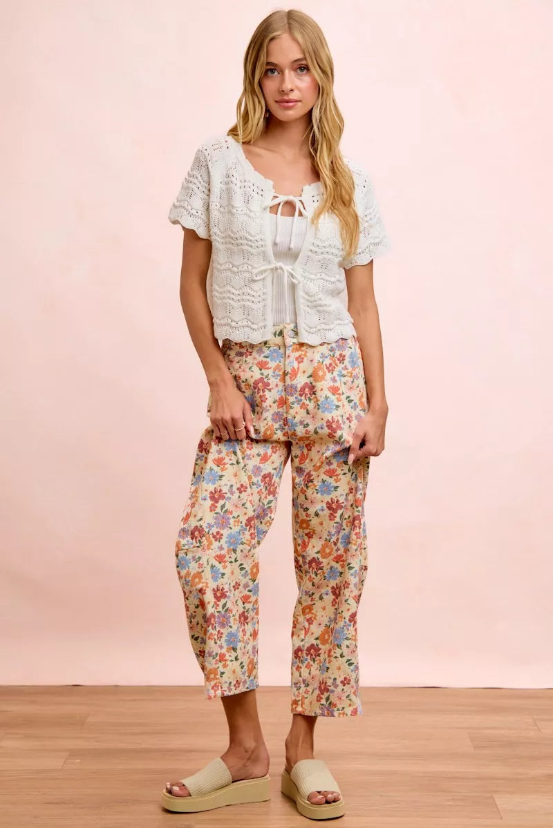 BiBi Washed Floral Printed Twill Barrel Pants Trendsi