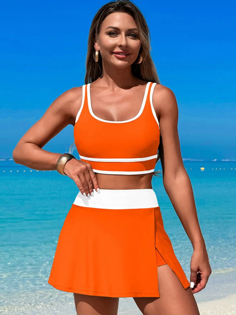 Scoop Neck Top and Skort Swim Set 