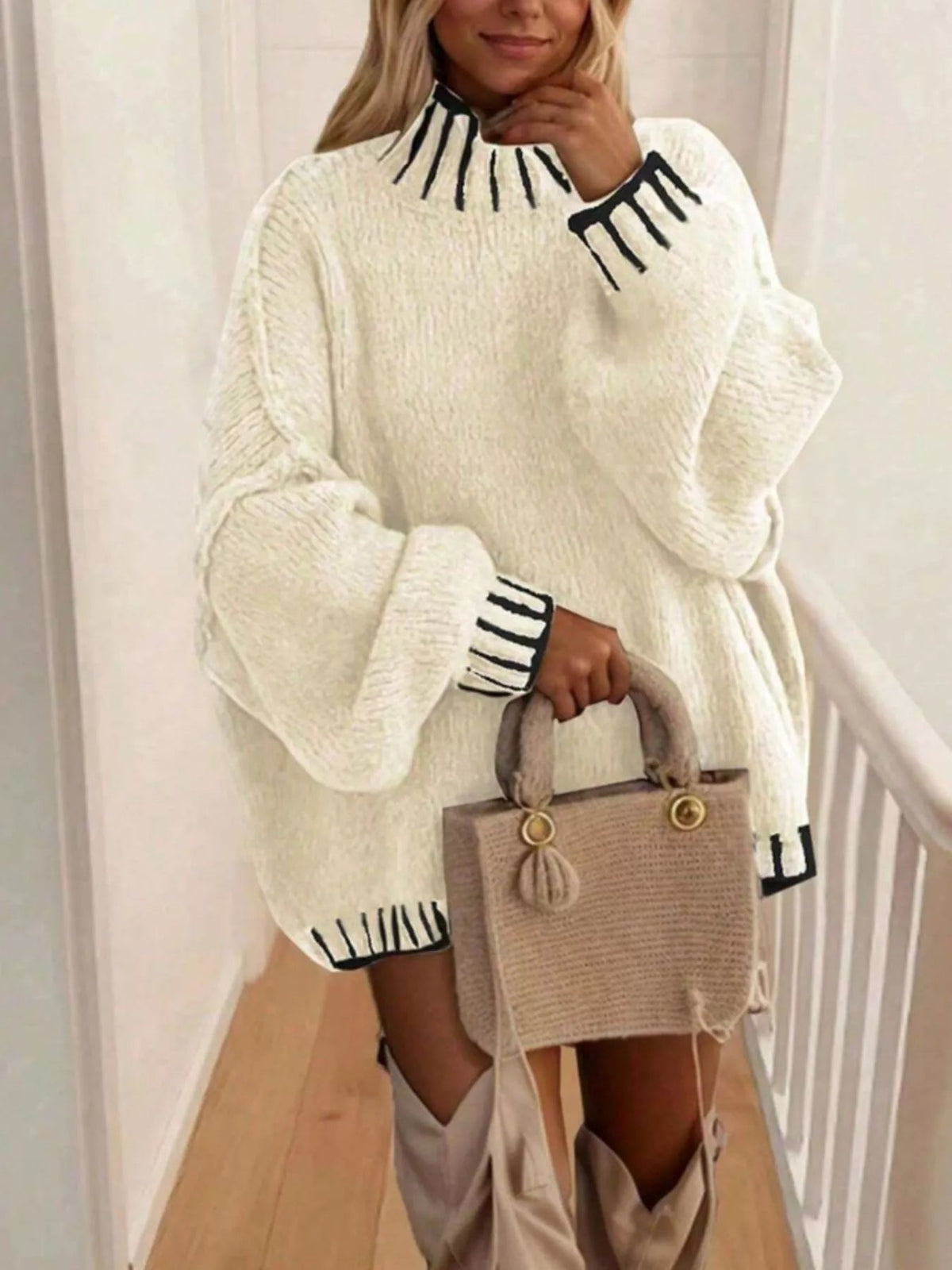 Contrast Trim Chunky Knit Sweater Trendsi