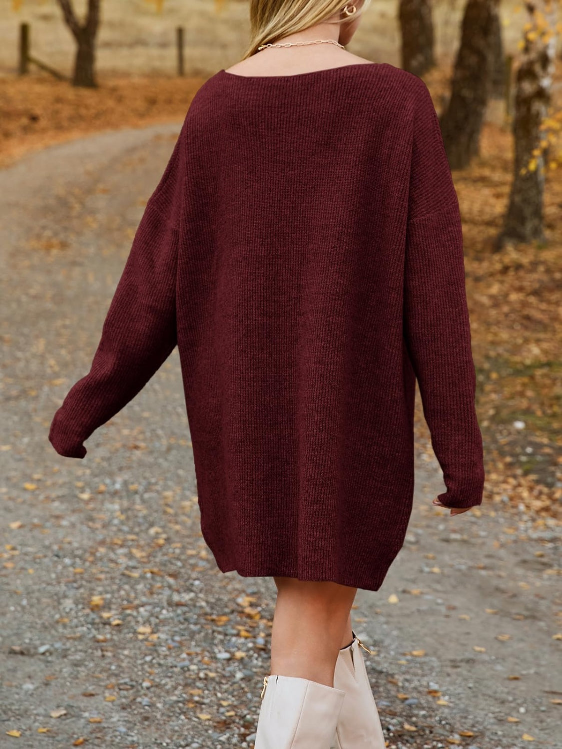 V-Neck Dropped Shoulder Sweater Dress Trendsi