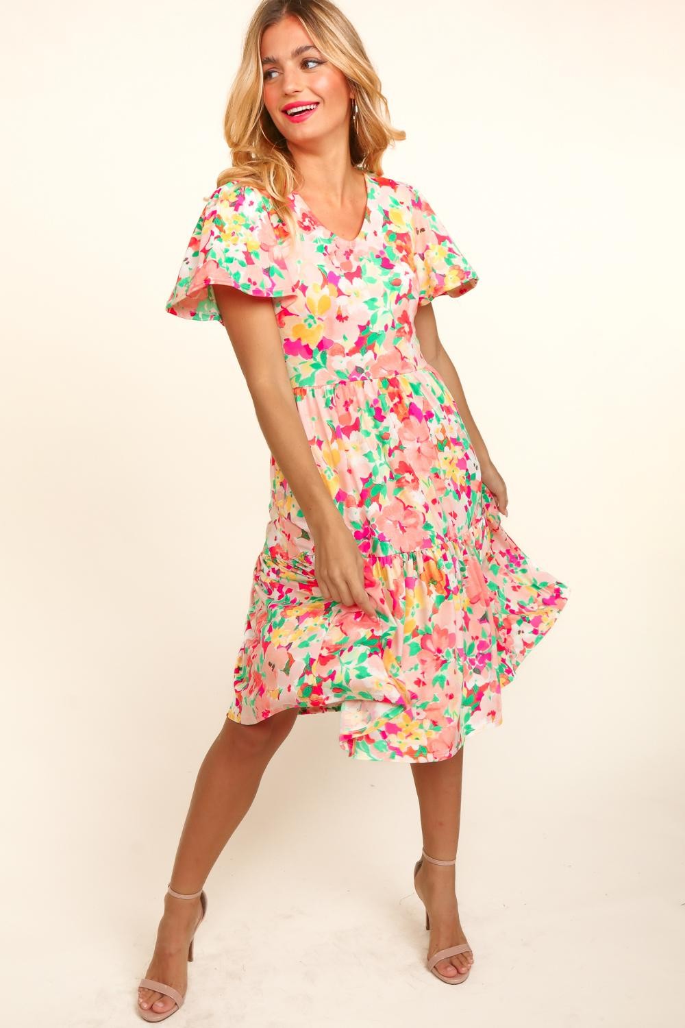 Haptics Tiered Floral Midi Dress with Pockets Trendsi