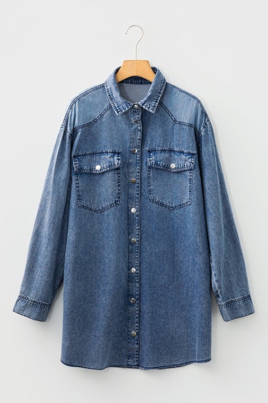 Solid Denim Chest Pocket Raw Hem Shirt Dress 