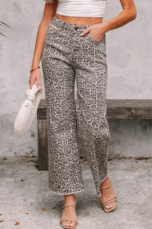 Leopard Frayed Edge Wide Leg Jeans 