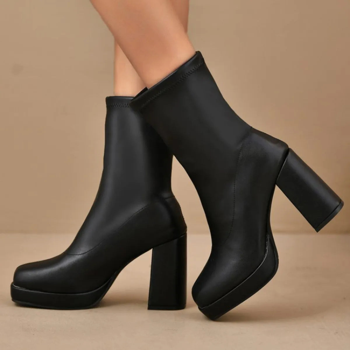 Round Toe Block Heels Boots 