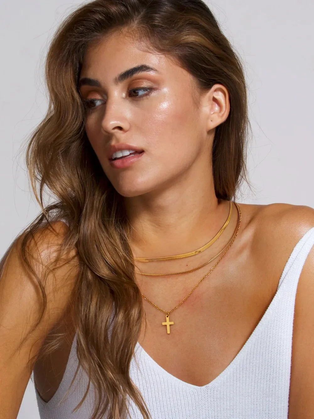 18K Gold-Plated Three-Layered Cross Necklace Trendsi