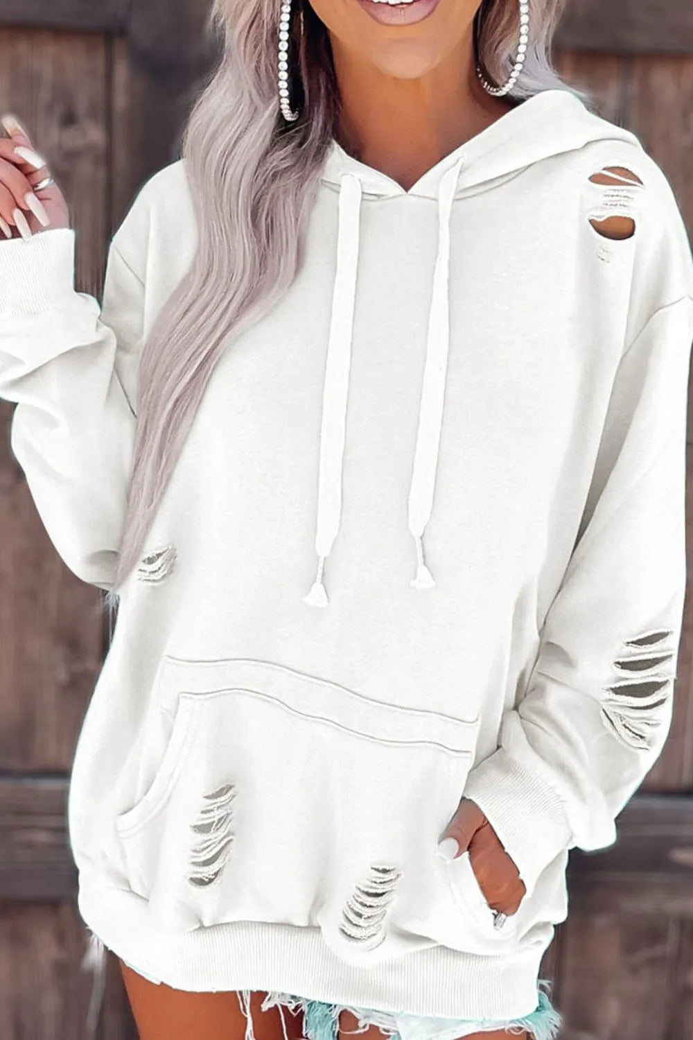 Distressed Drawstring Long Sleeve Hoodie 