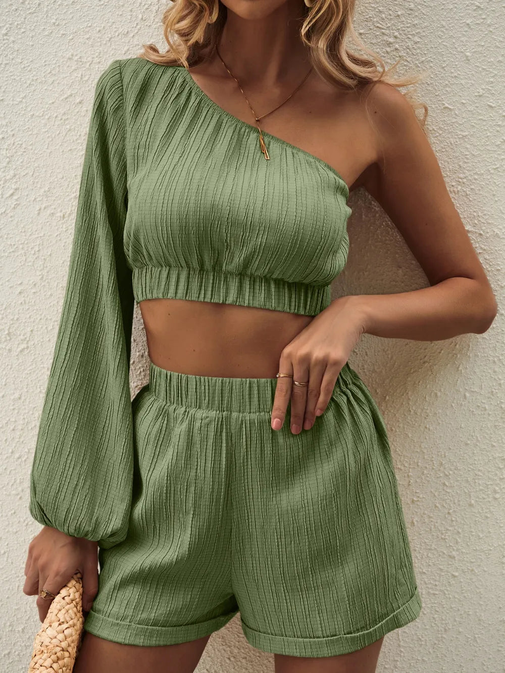 Honey One Shoulder Long Sleeve Top and Shorts Set 