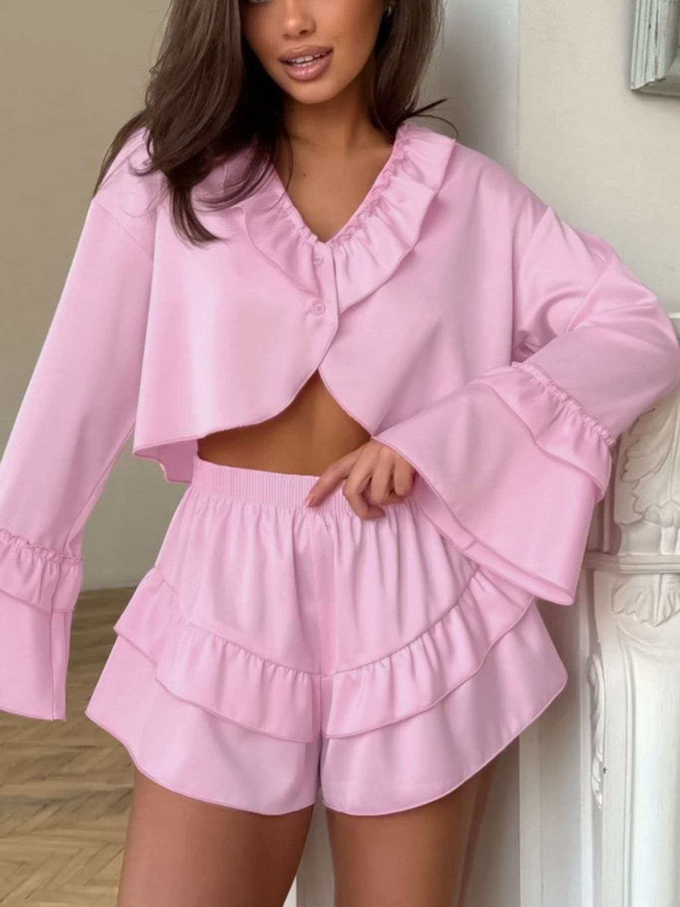 Ruffled V-Neck Top and Shorts Set Trendsi