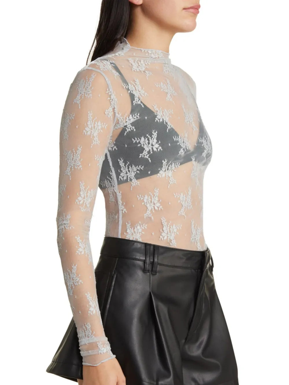 Lace Mock Neck Long Sleeve Blouse 