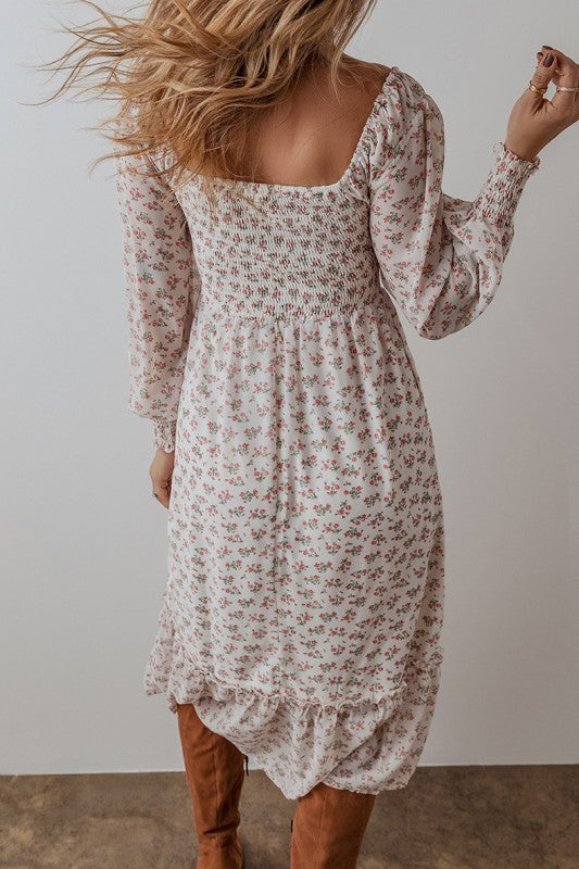 Floral  Shirred Ruffled Hem Square Neck Midi Dress YNIQUE