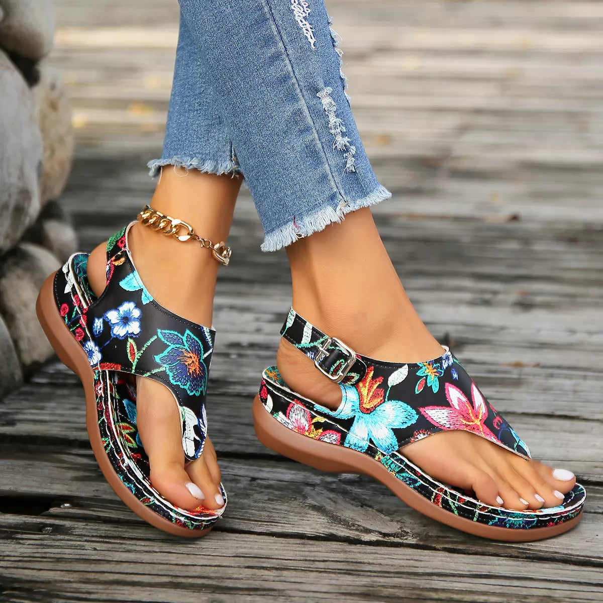 Floral Thong Wedge Sandals Trendsi