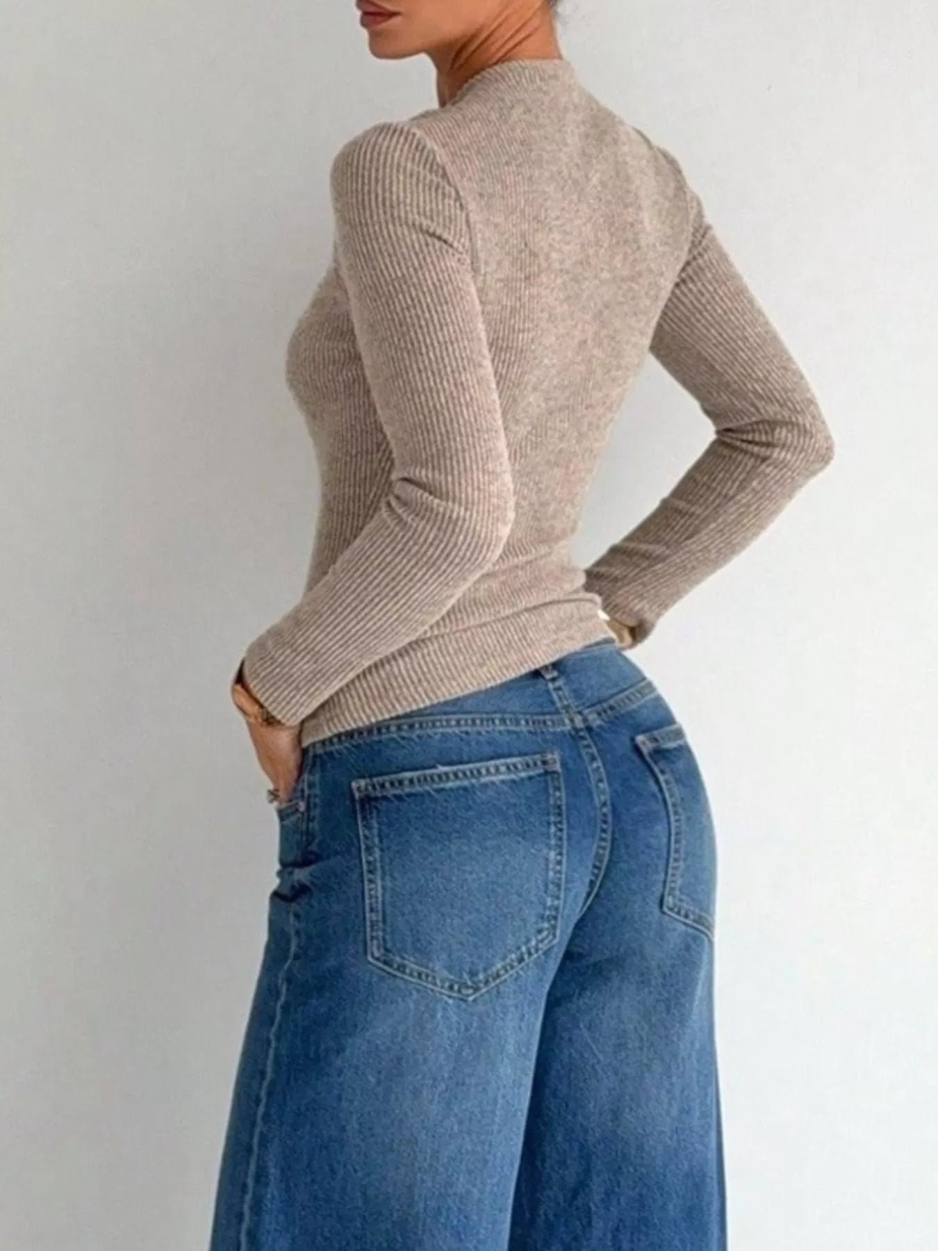 Ribbed Knit Long Sleeve T-Shirt with Metal Ring Cutout Detail Trendsi