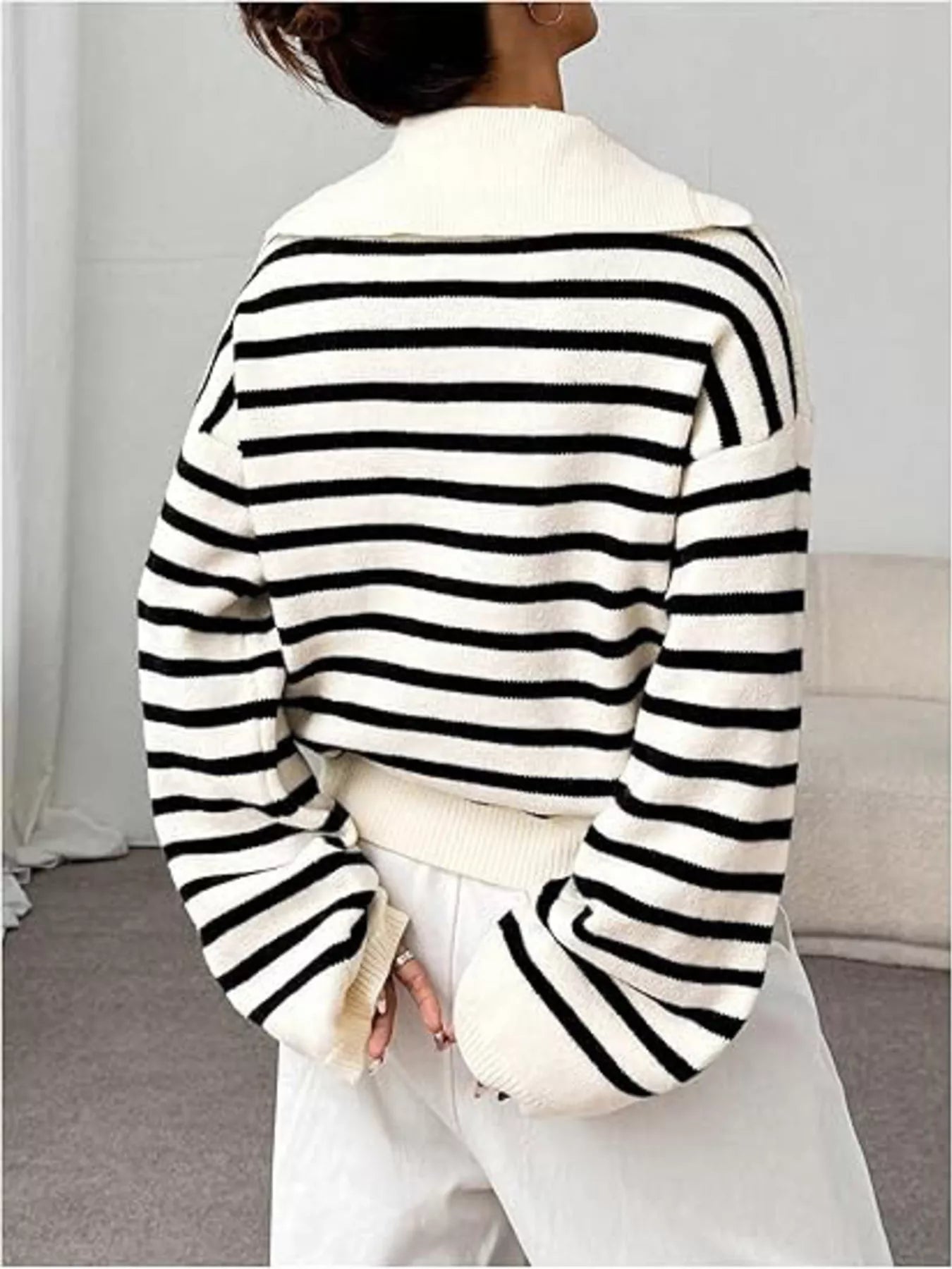 Striped Lace-Up Long Sleeve Sweater 
