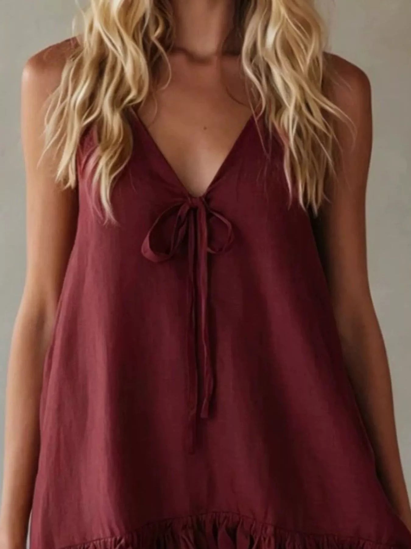V-Neck Tie Front Ruffle Hem Mini Dress Luckygirlsclothingcompany.com
