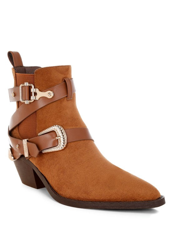  Microfiber Buckle Strap Western Boots 