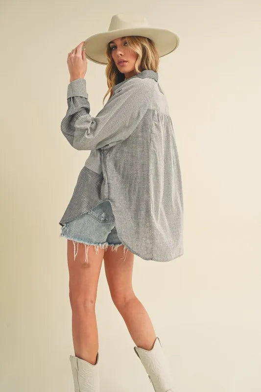 Aemi + Co Striped Collared Neck Lantern Sleeve Shirt Trendsi