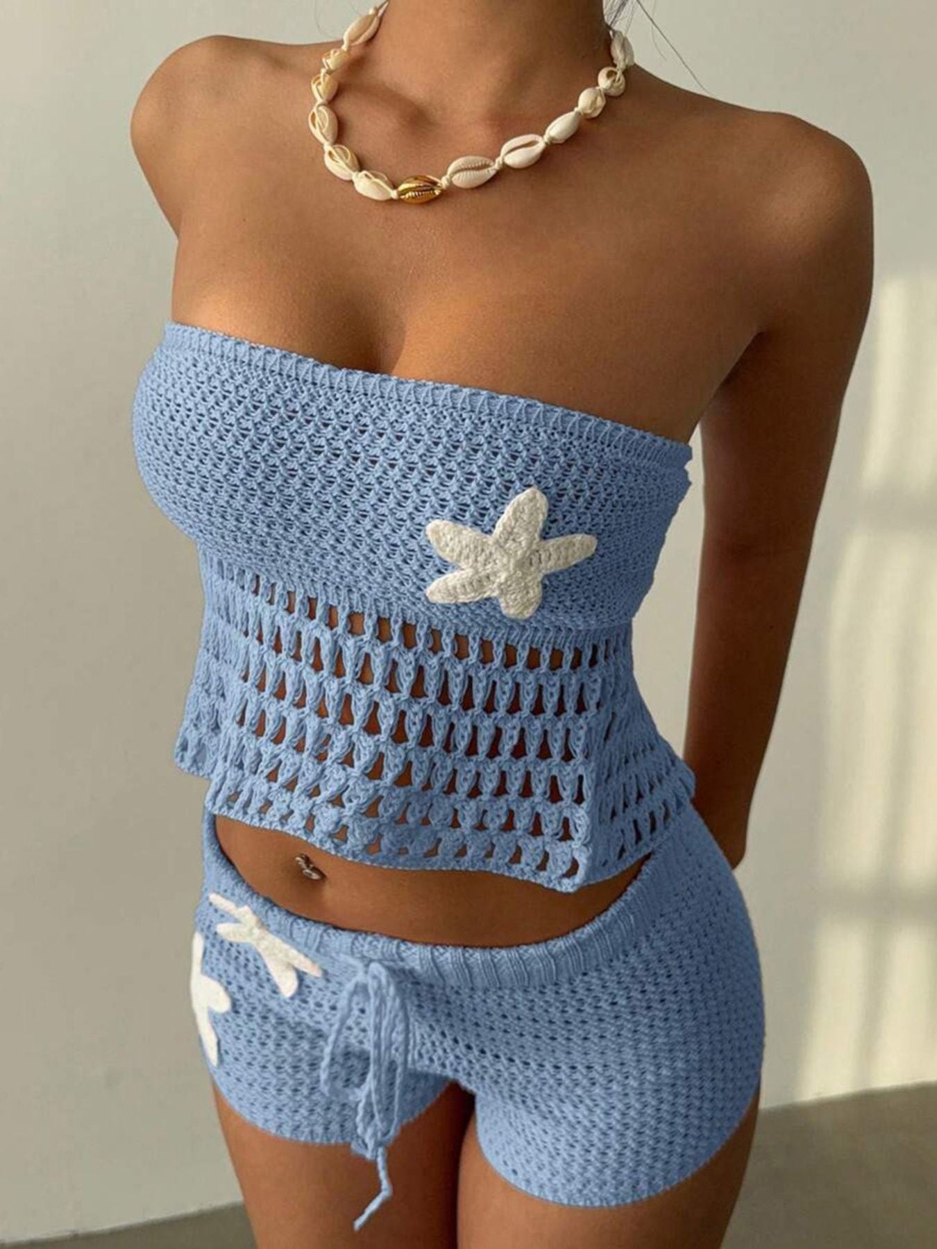 Crochet Tube Top and Shorts Sweater Set 