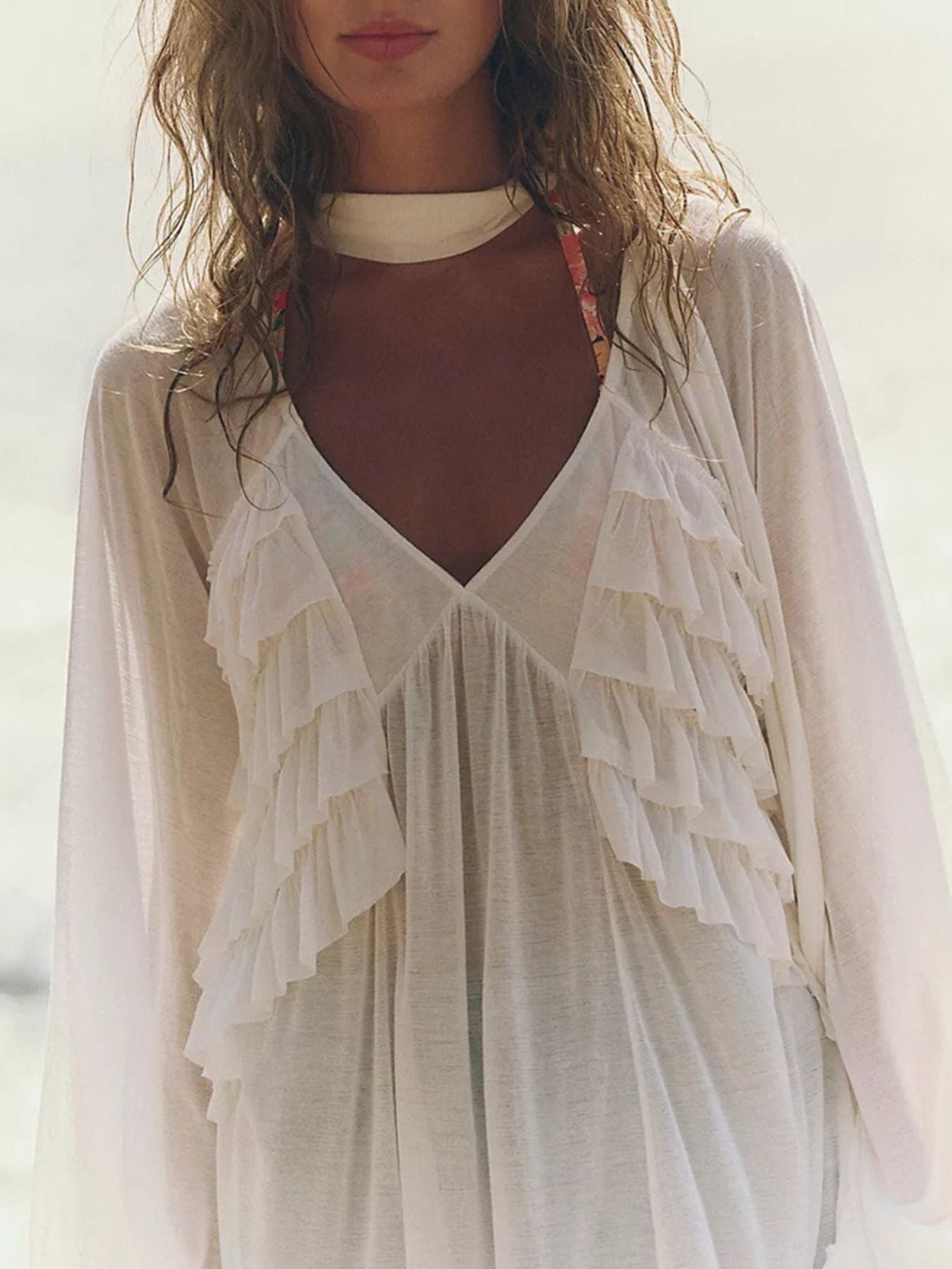 Sheer Ruffle Trim Beach Cover-Up 