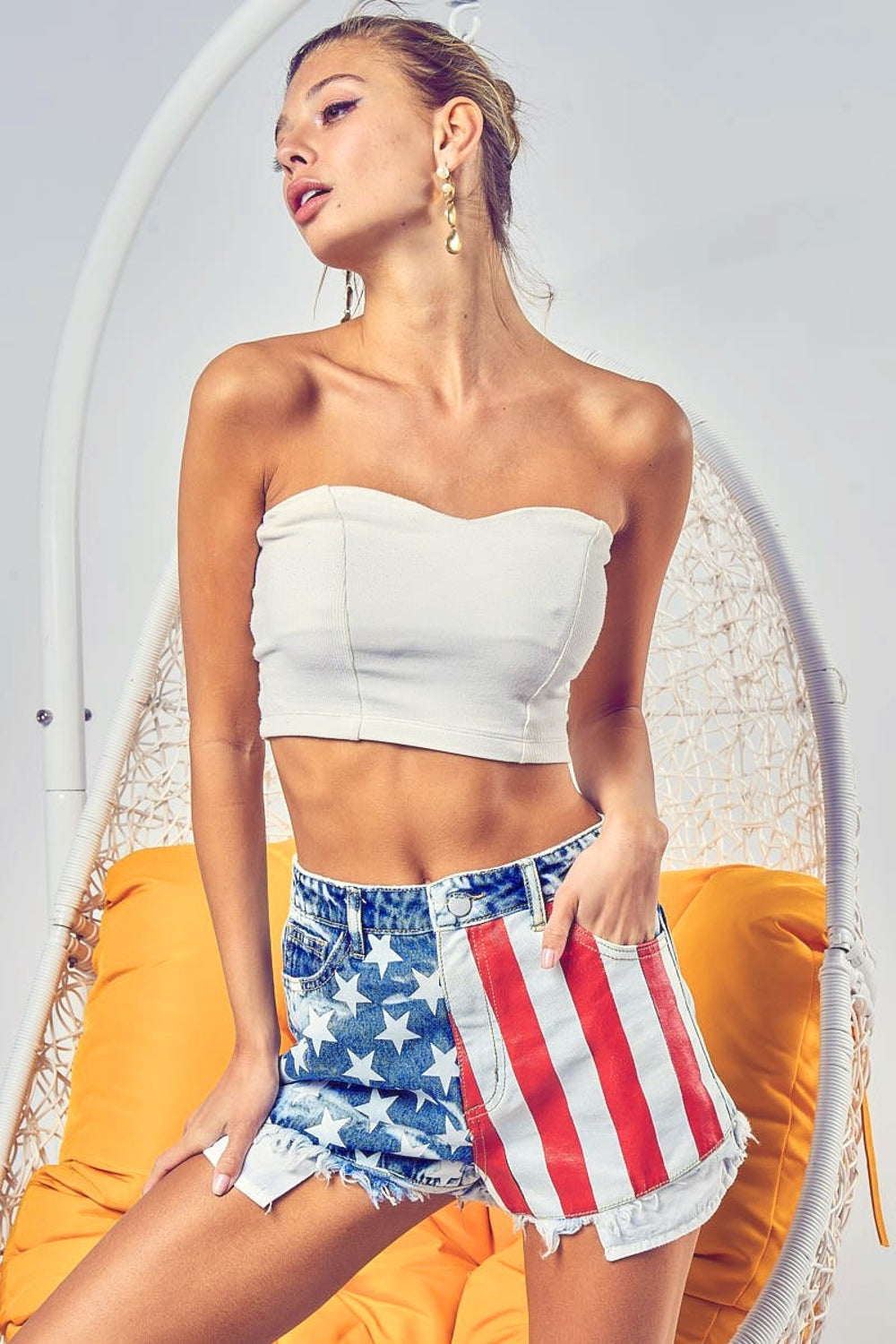 BiBi US Flag Theme Bleached Denim Shorts Trendsi