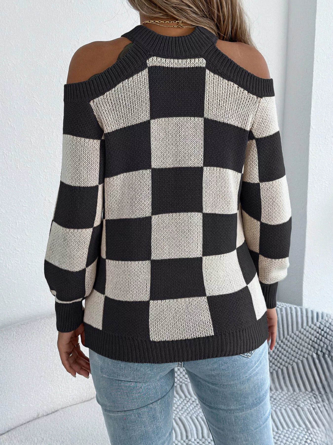 Cold Shoulder Checkered Long Sleeve Sweater 