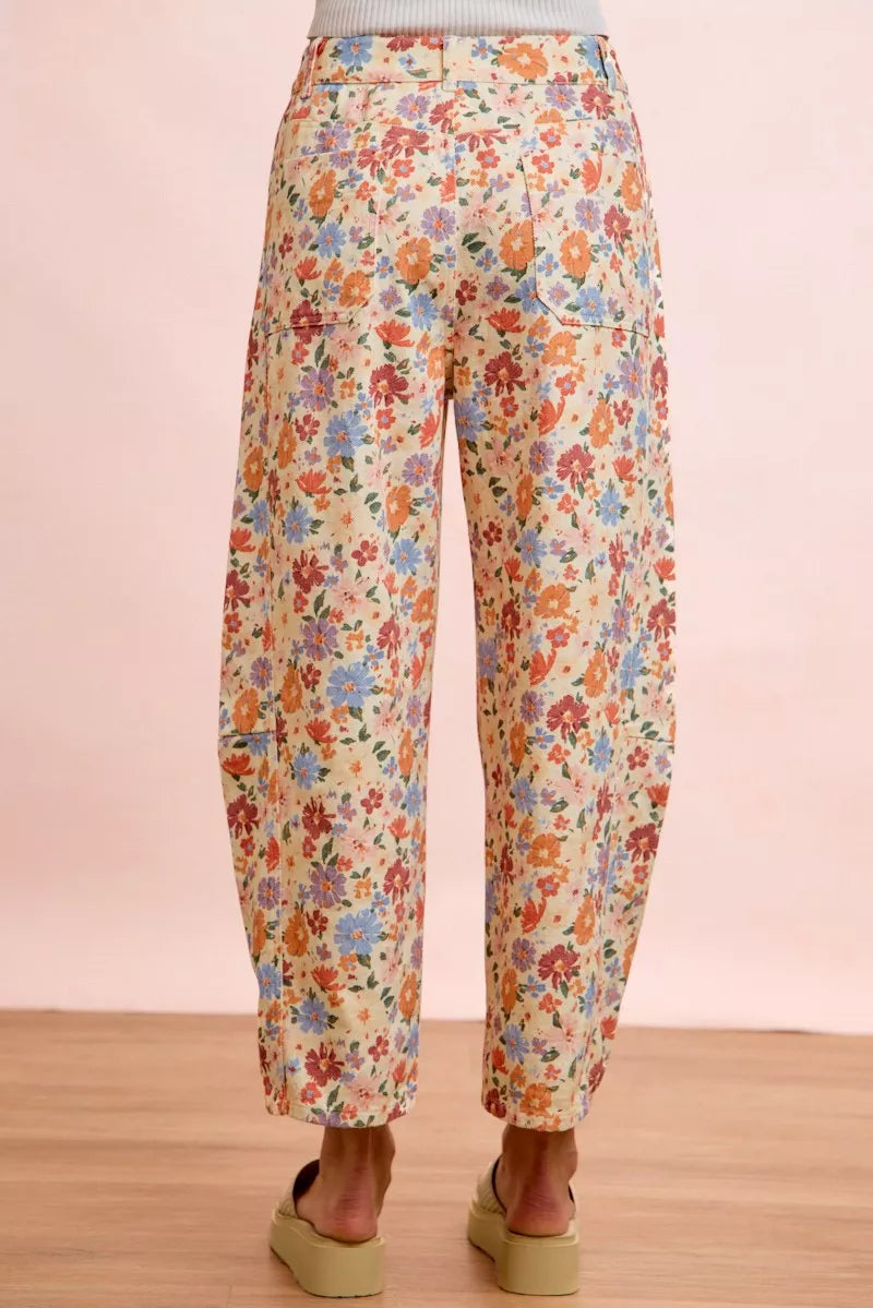 BiBi Washed Floral Printed Twill Barrel Pants Trendsi
