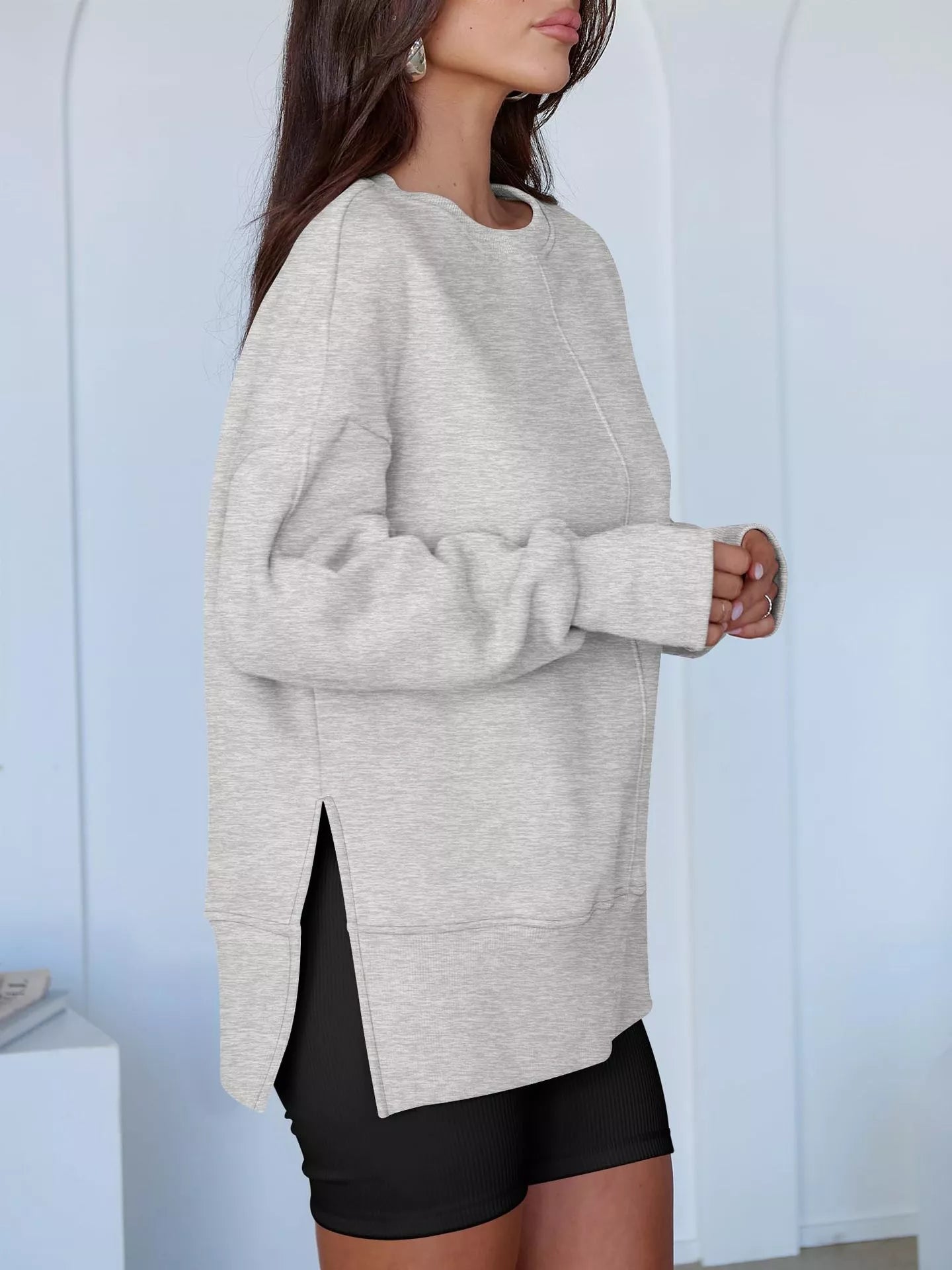 Side Slit Round Neck Long Sleeve Sweatshirt 