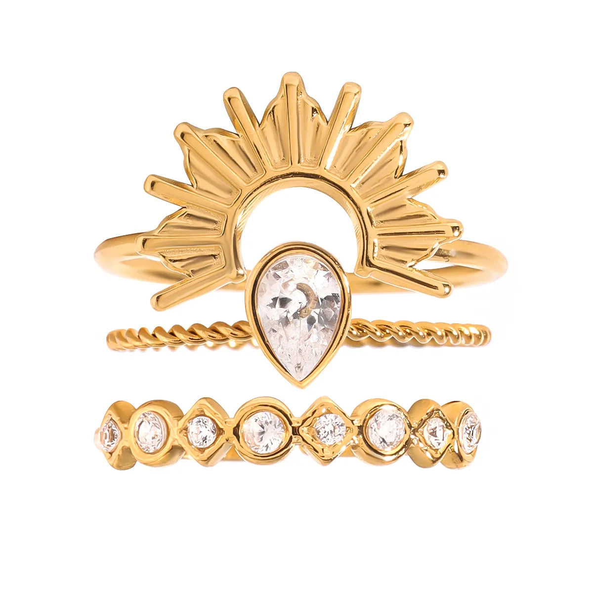 3 Piece Stainless Steel Rhinestone Sunburst Crown Ring Trendsi