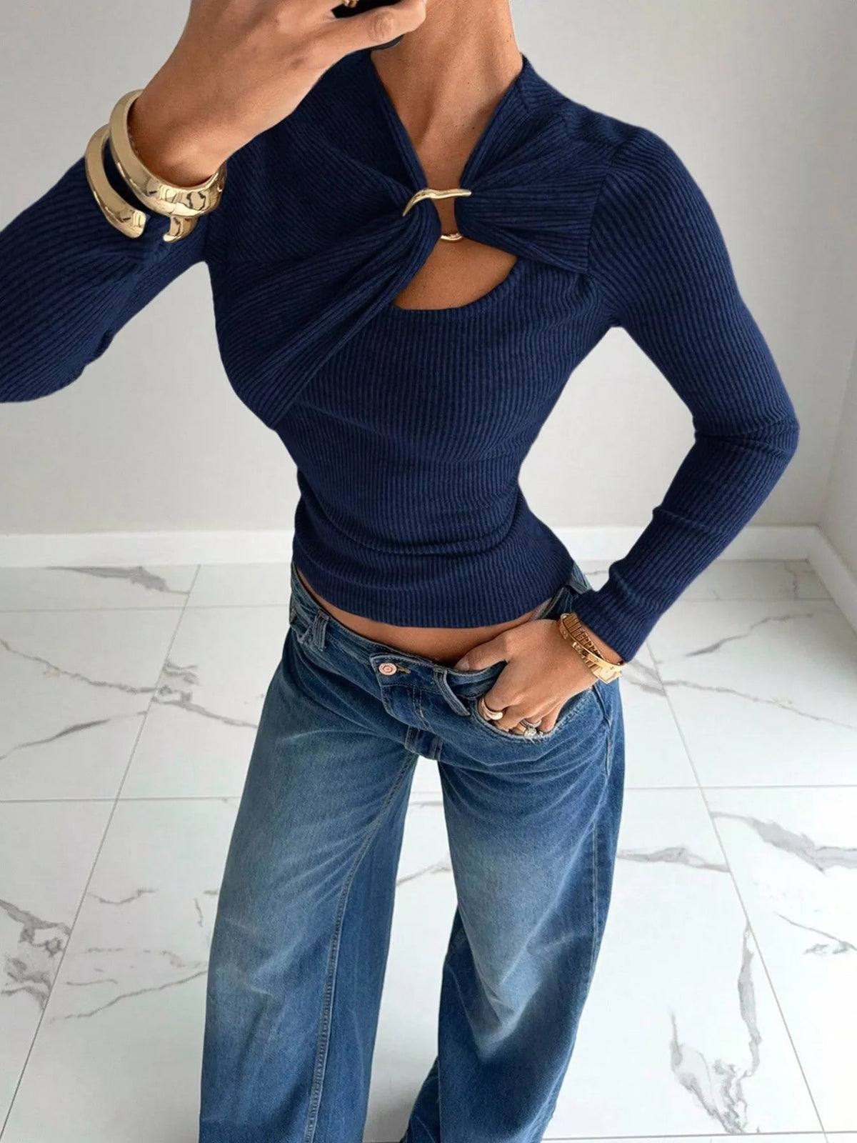 Ribbed Knit Long Sleeve T-Shirt with Metal Ring Cutout Detail Trendsi