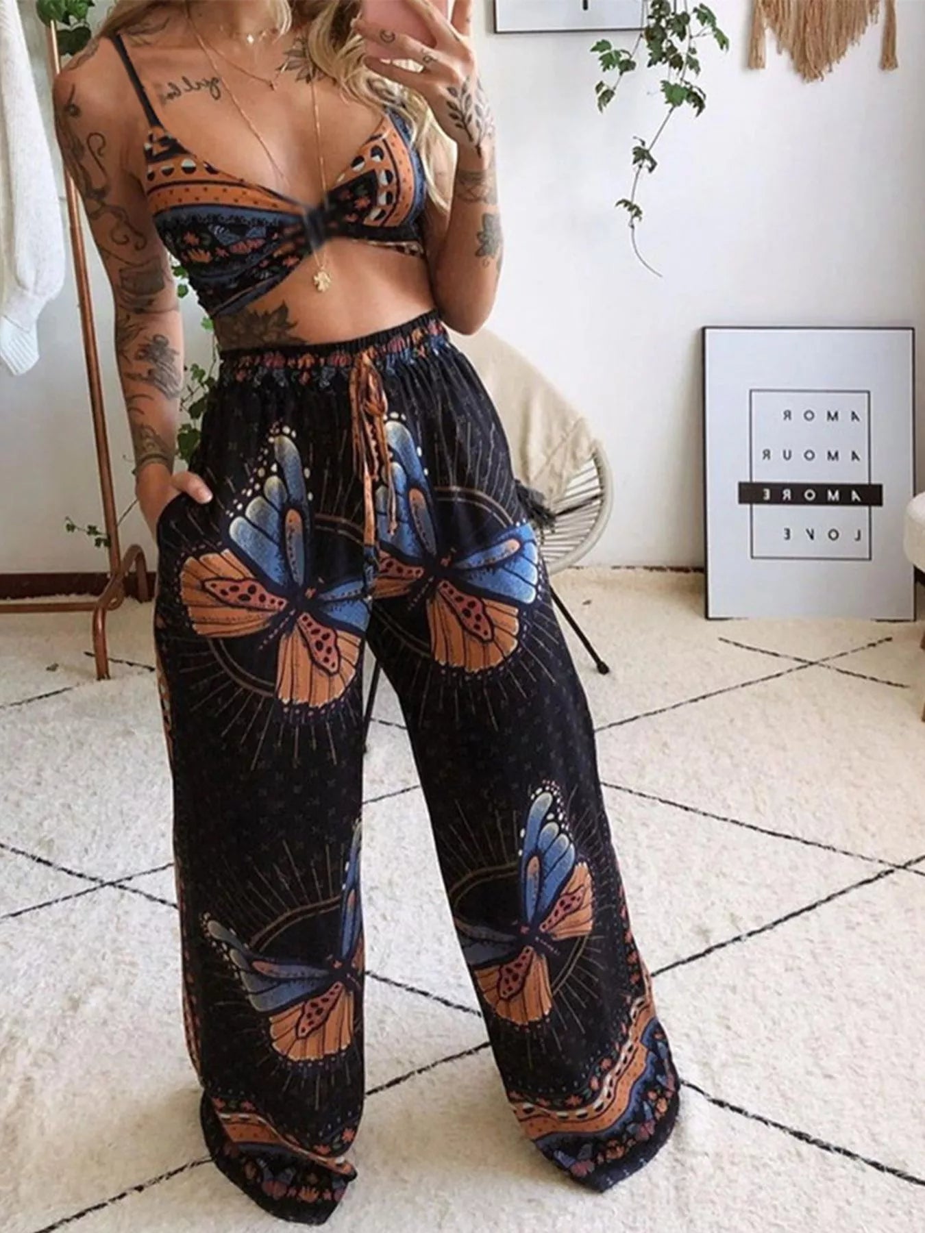 Boho Butterfly Print Top and Pants Set 