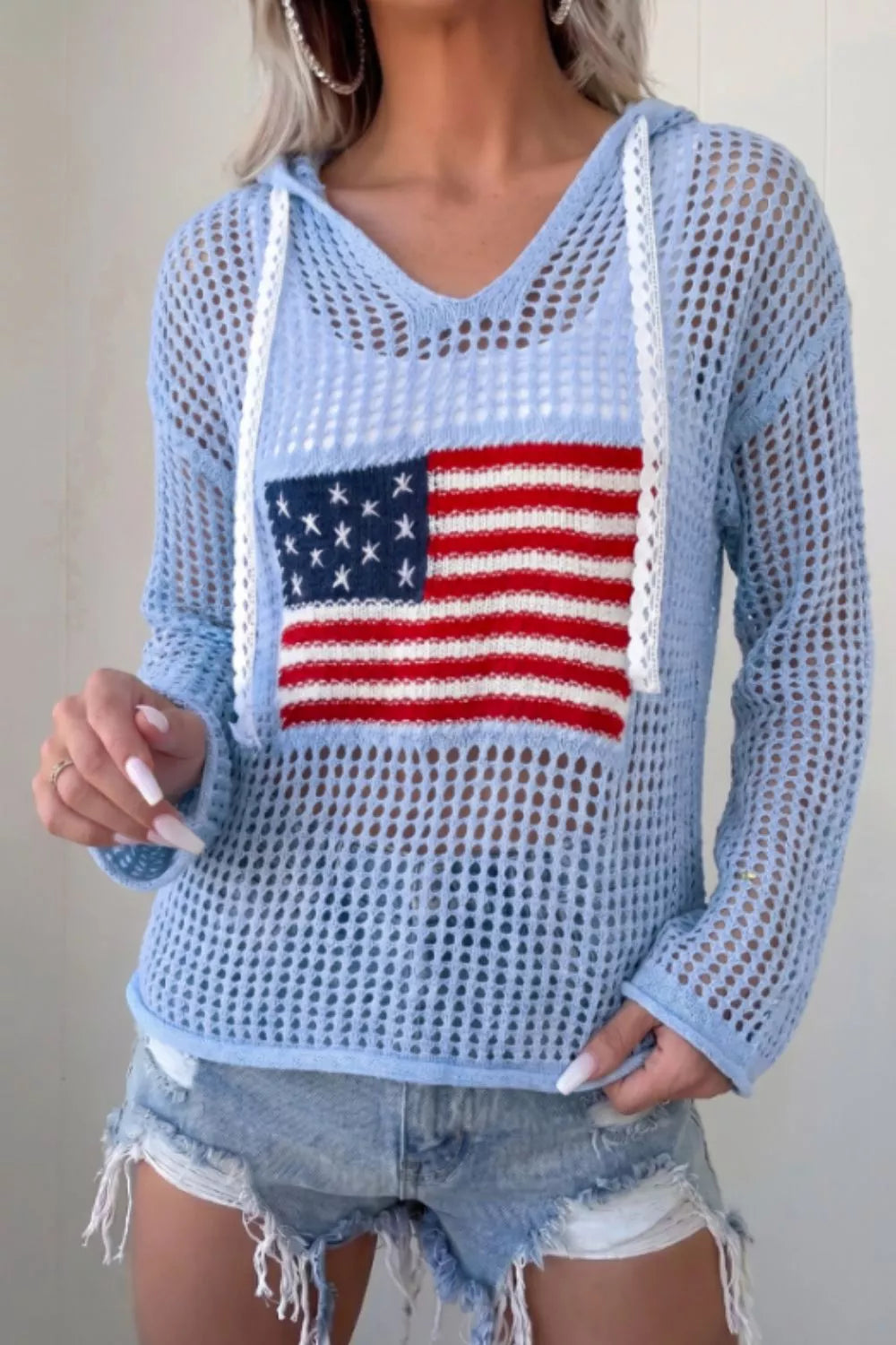 Hollow Out Crochet Knit American Flag Patched Knit Cover Up Luckygirlsclothingcompany.com