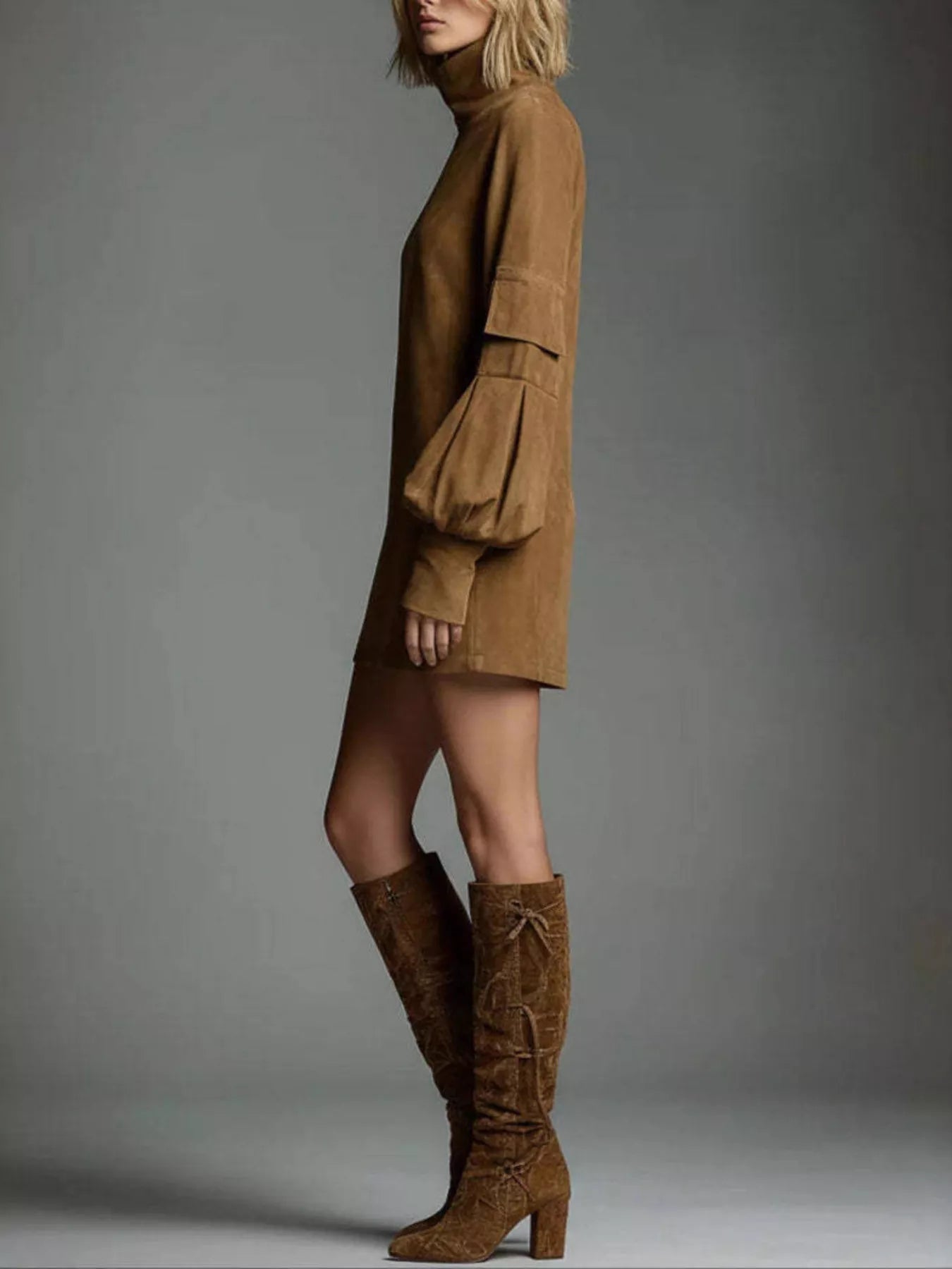Turtleneck Lantern Sleeve Mini Dress with Pockets 