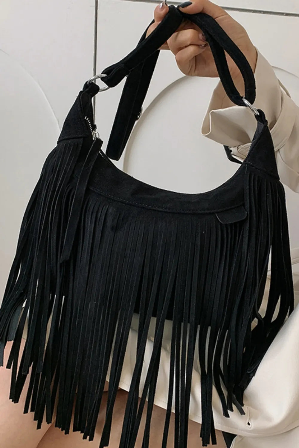 Suede Fringe Adjustable Strap Shoulder Bag 